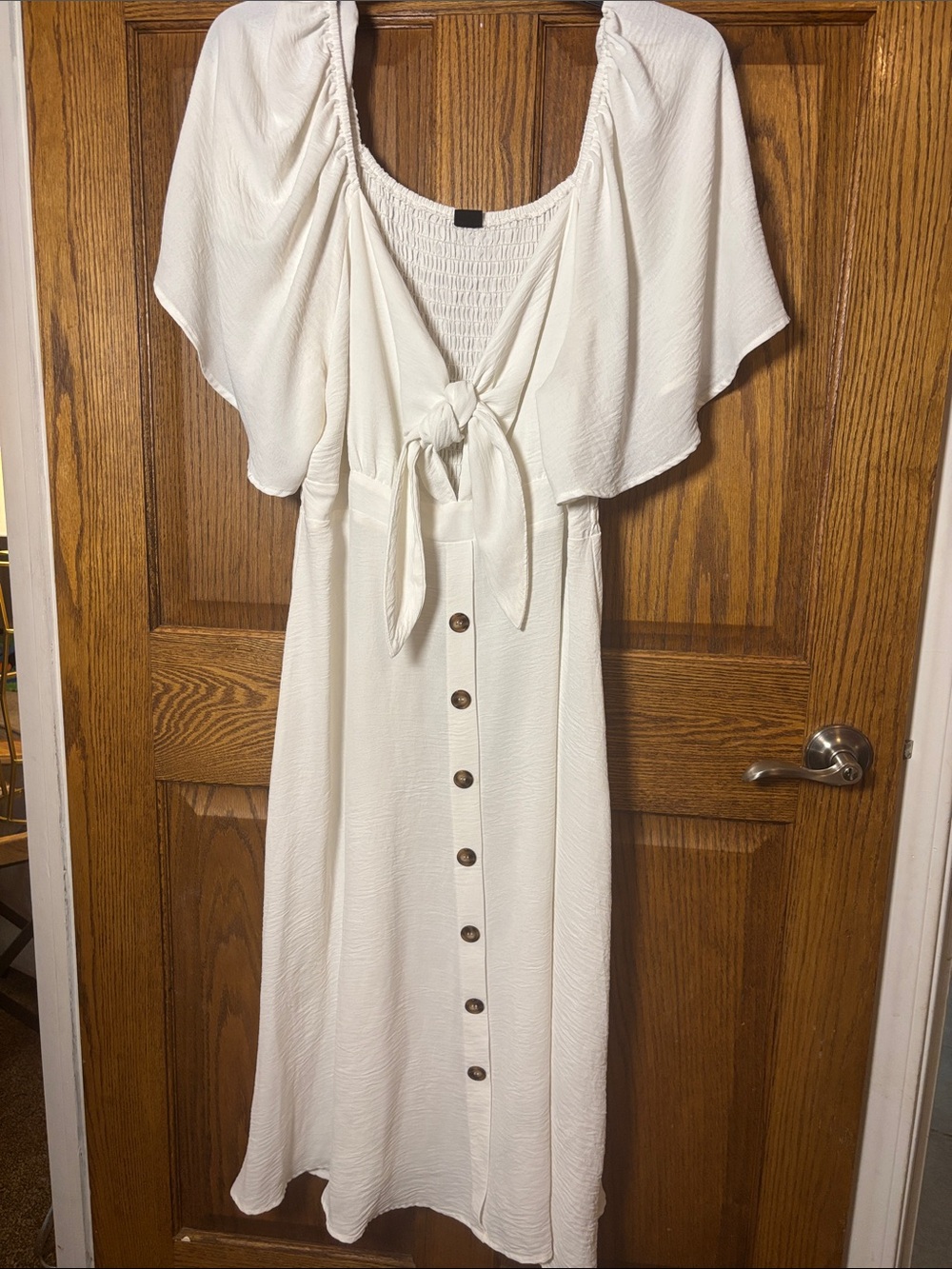 Ivory Button-Front Midi Dress with Tie-Front and Flutter Sleeves
